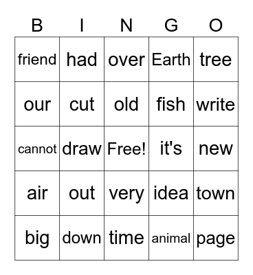 High Frequency Words Bingo Card