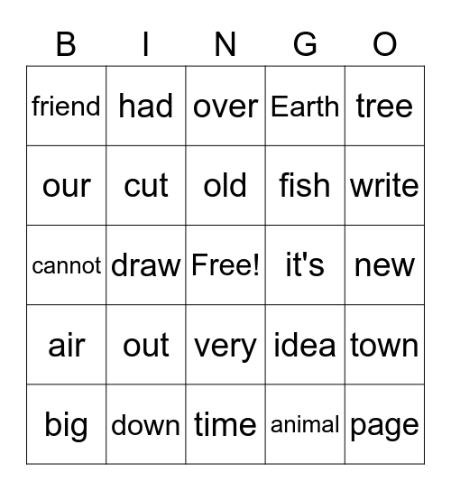 High Frequency Words Bingo Card
