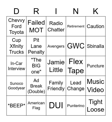 NASCAR Bingo Card