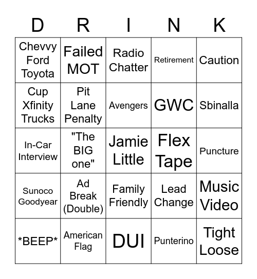NASCAR Bingo Card
