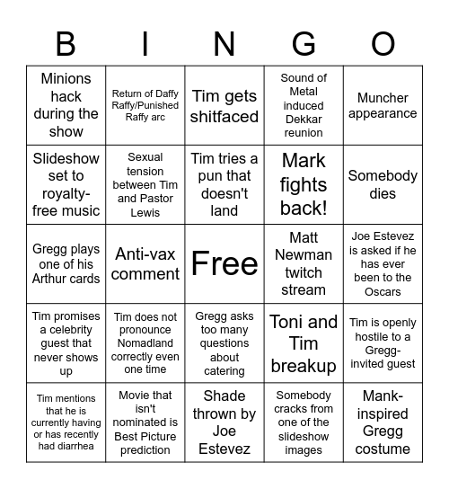 On Cinema Oscar Special BINGO Card