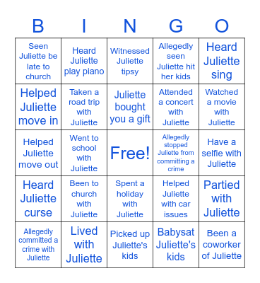 Juliette's Birthday Bingo Card