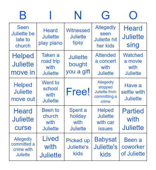 Juliette's Birthday Bingo Card