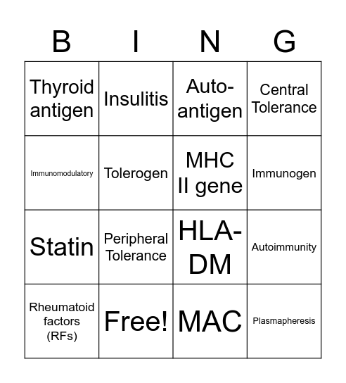 Tolerance and Autoimmunity Bingo Card