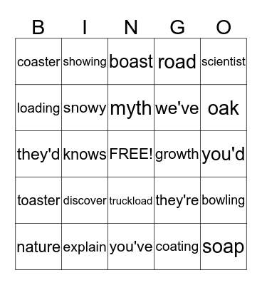 Long O: oa, ow; Contractions: 've, 're, 'd ; Vocabulary Bingo Card