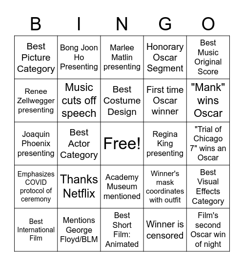 Oscars Bingo! Bingo Card