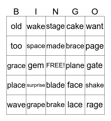 Long a (CVCe); c/s/ -ace; g/j/ Bingo Card