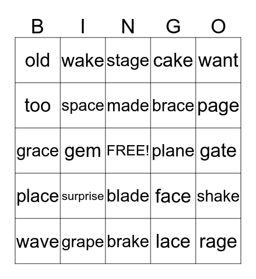 Long a (CVCe); c/s/ -ace; g/j/ Bingo Card
