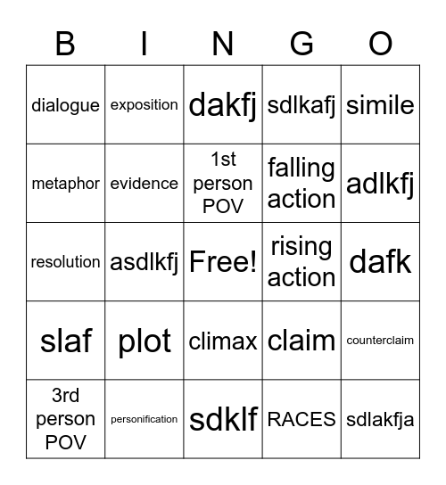 Milestones Vocabulary Bingo Card