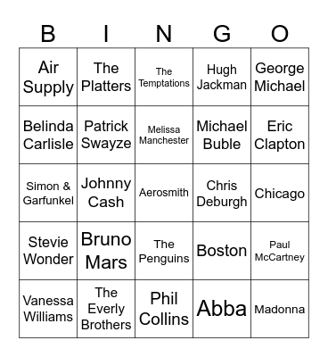Silly Love Songs Bingo Card