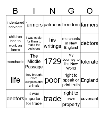 Colonial America Bingo Card
