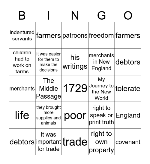 Colonial America Bingo Card
