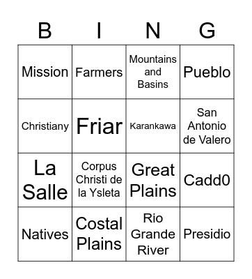 Spanish Colonial Bingo Card