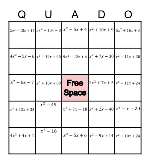 FACTORING QUADRATICS Bingo Card