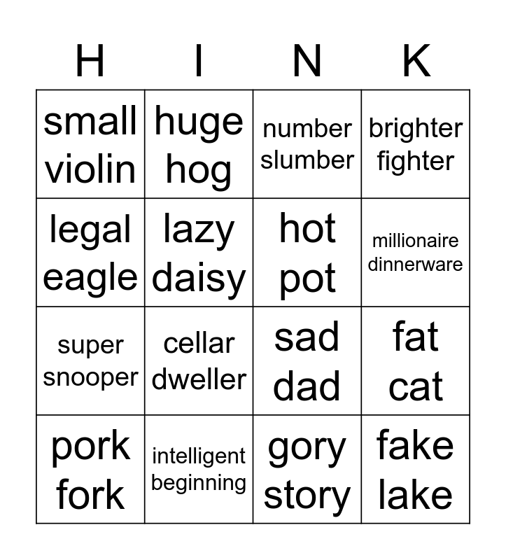 Hink Pinks Bingo Card