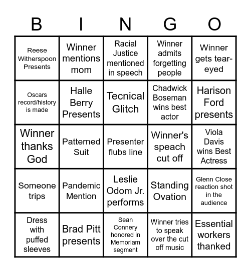 Shannon's Oscars 2021 Bingo Card