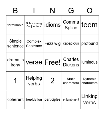 8th Grade English Bingo Card