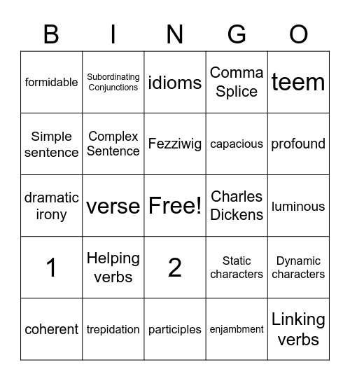 8th Grade English Bingo Card