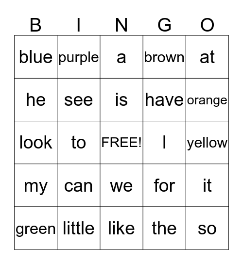 Kindergarten Sight Words 1 and 2 Bingo Card