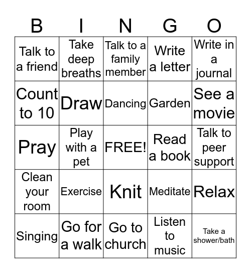 Coping Skills Bingo Card