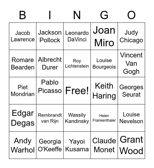 Artist Mash Up Bingo Card