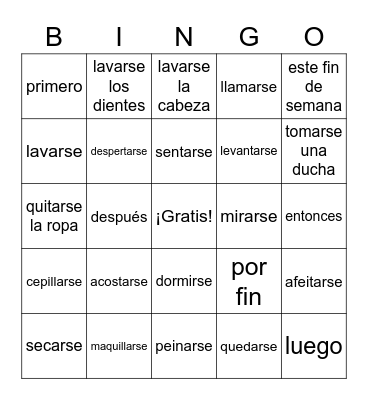 Reflexive Verbs Bingo Card