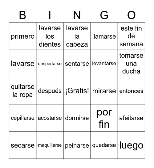 Reflexive Verbs Bingo Card