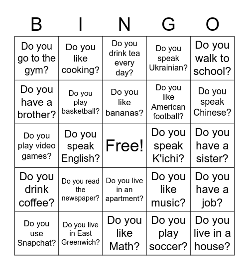 Present Simple Bingo Card