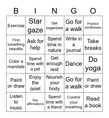 Self-Care Bingo Card