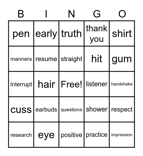 Job Interview Bingo Card
