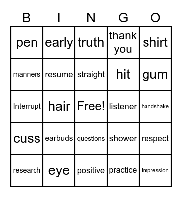 Job Interview Bingo Card