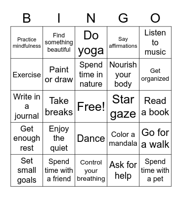 Self-Care Bingo Card