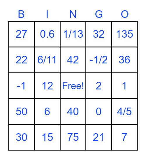 MATH BINGO Card