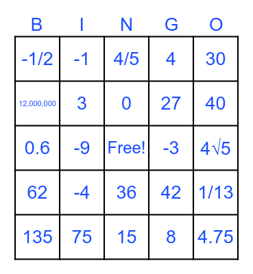 MATH BINGO Card