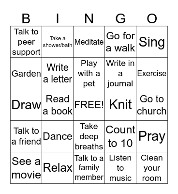 Coping Skills Bingo Card