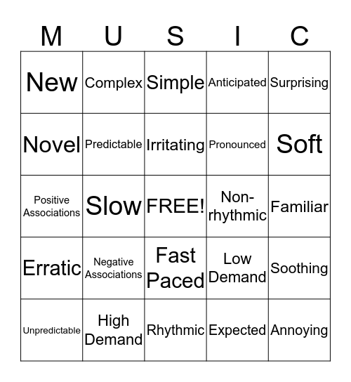 Music for Self Regulation Bingo Card