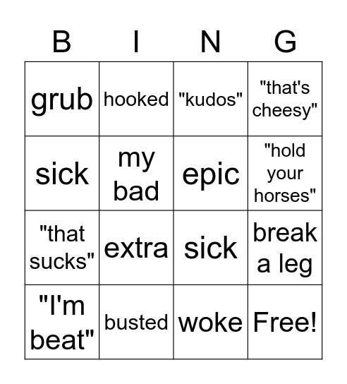 Slang Bingo Card