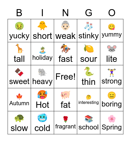 Opposites Bingo Card