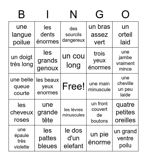 le corps Bingo Card