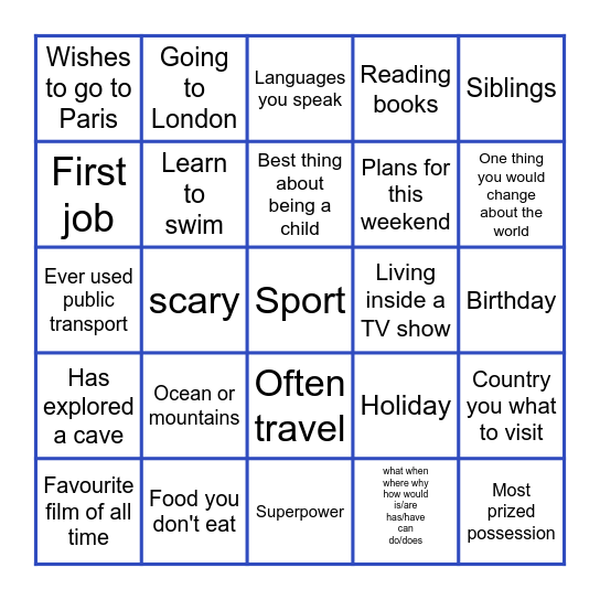 Question formation Bingo Card