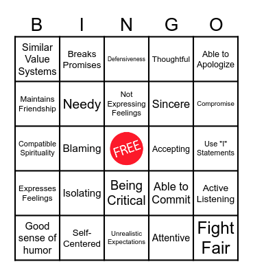 Healthy Relationships Bingo Card