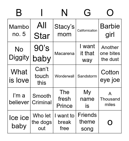 90's Musical Bingo Card