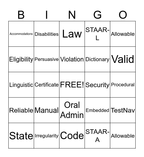 STAAR Testing Bingo Card