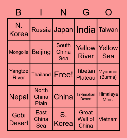 China Geography Bingo Card