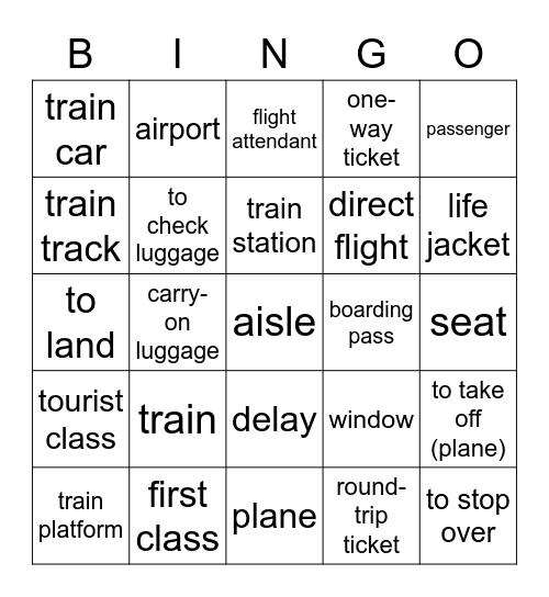 Planes and trains Bingo Card