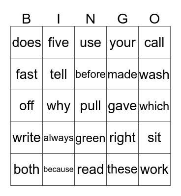 Sight Word Bingo 2 Bingo Card