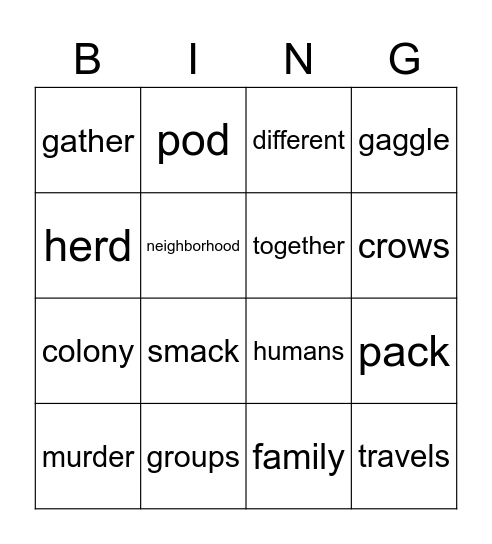 Gaggle, Herd, and Pod Bingo Card