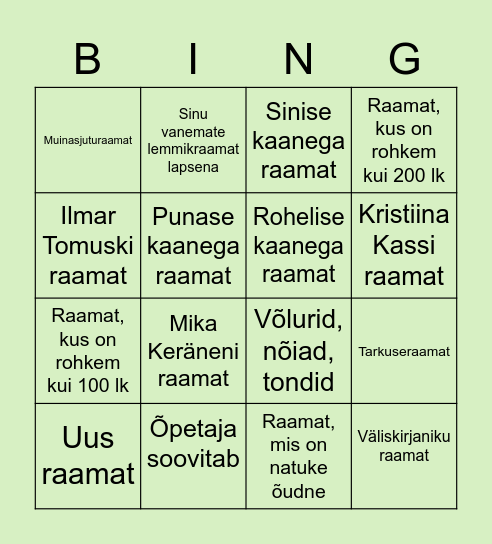 SUVINE RAAMATUBINGO 4. - 6. klass Bingo Card