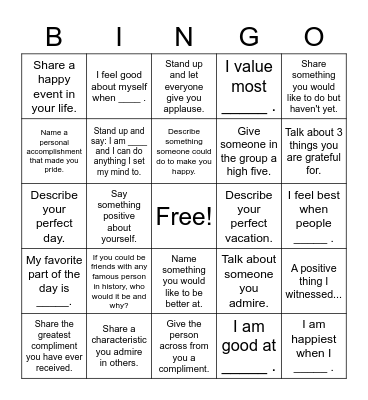 Self Esteem Bingo Card