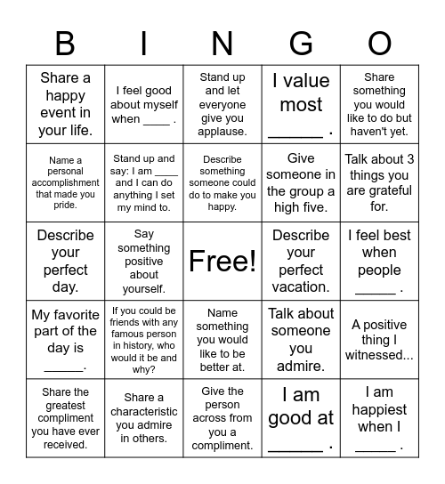 Self Esteem Bingo Card